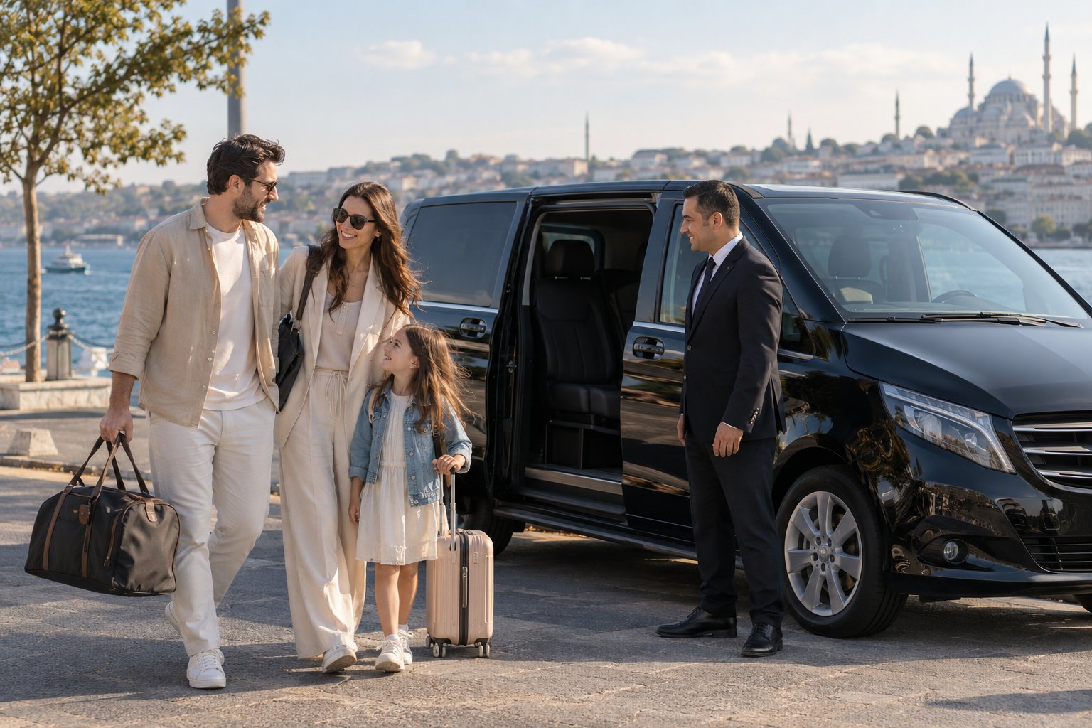 Kıyıda siyah aracın yanında aile ve şoför; temsili görsel.